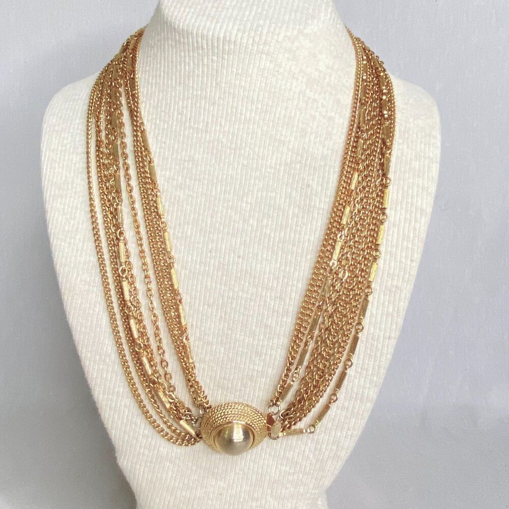 💎Gold Tone Layered Chain Necklace Slide Button Clasp Vintage